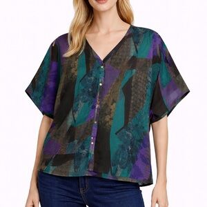 Alberto Makali Teal and Purple Abstract Blouse